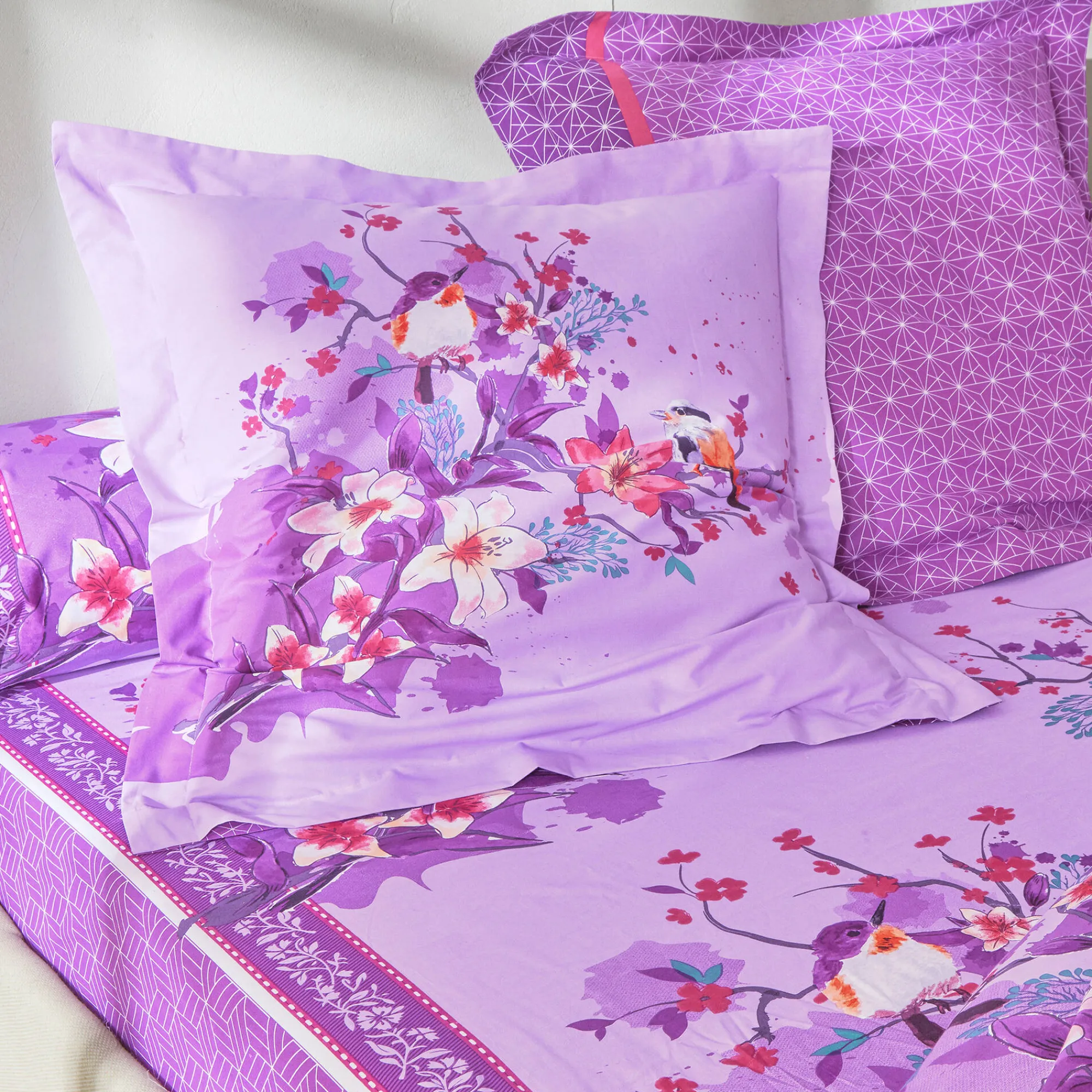 Fantasie Bedlinnen|Vlak Laken<Colombine Bedlinnen Birdy in katoen met vogelprint parma