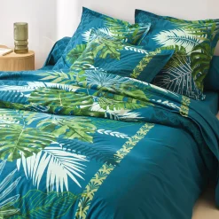 Fantasie Bedlinnen|Vlak Laken<Colombine Bedlinnen Cayenne, in katoen met palmboomprint groen