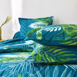 Fantasie Bedlinnen|Vlak Laken<Colombine Bedlinnen Cayenne, in katoen met palmboomprint groen