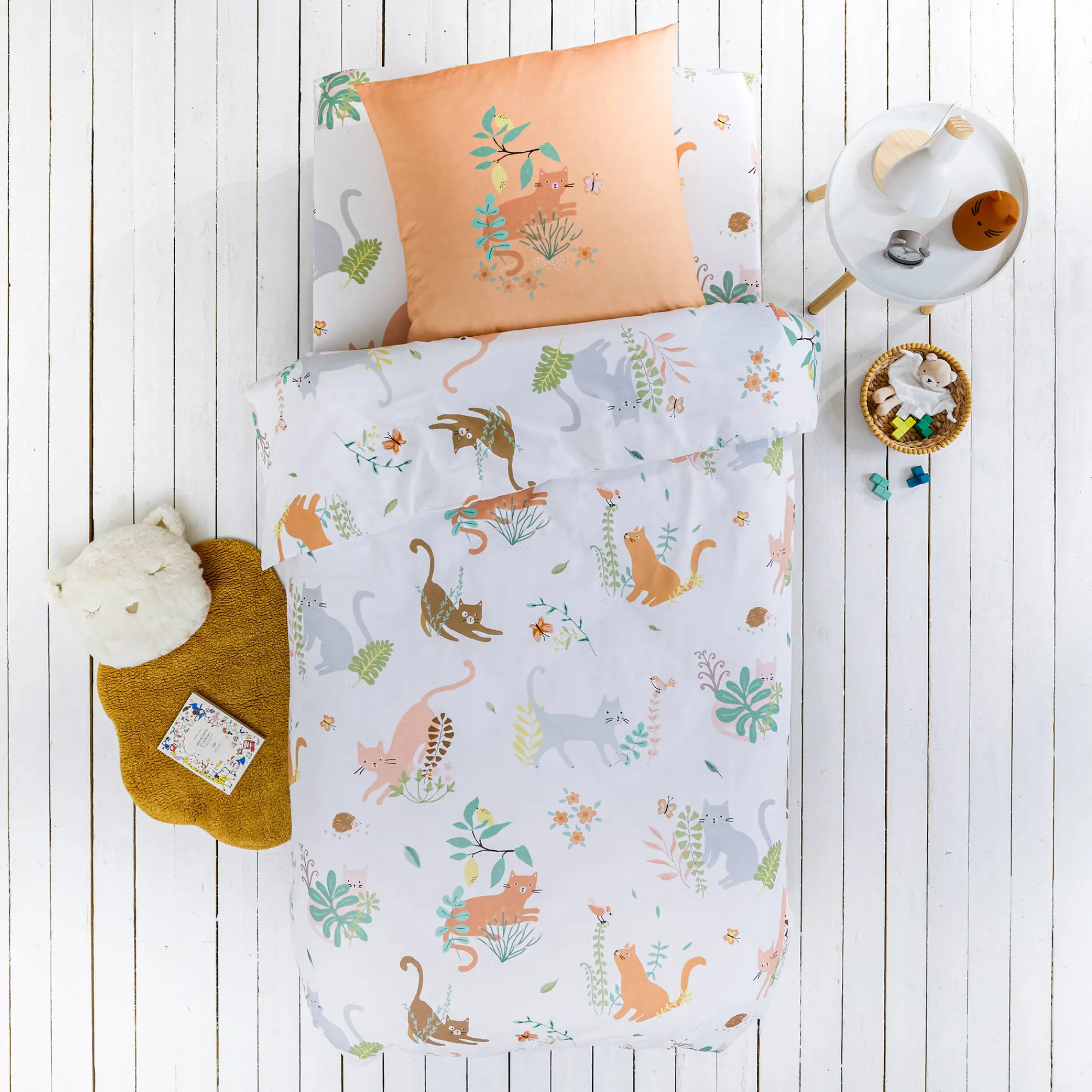 Bedlinnenset Kids|Bedlinnenset Kids<Colombine des petits Bedlinnen Chafou met kattenprint - katoen wit