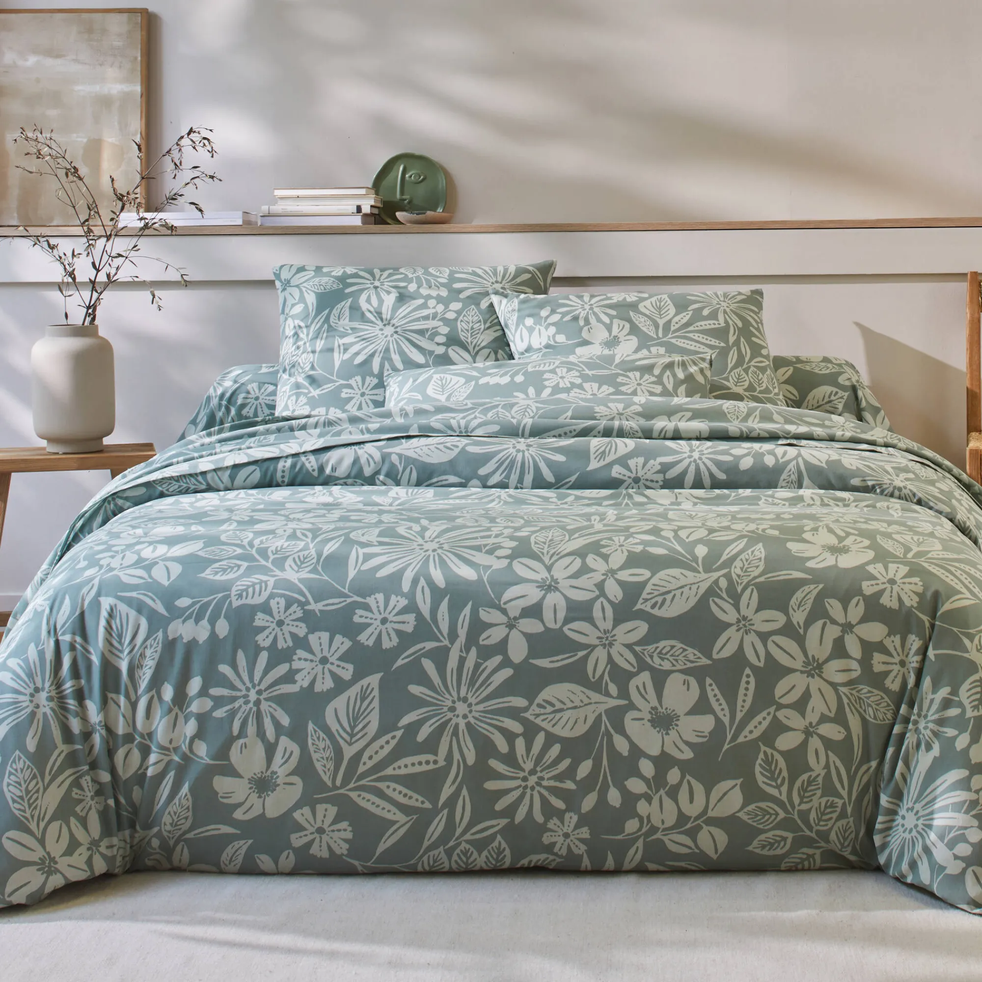 Fantasie Bedlinnen|Vlak Laken<Blancheporte Bedlinnen Céline, in katoen met bloemenprint eucalyptus