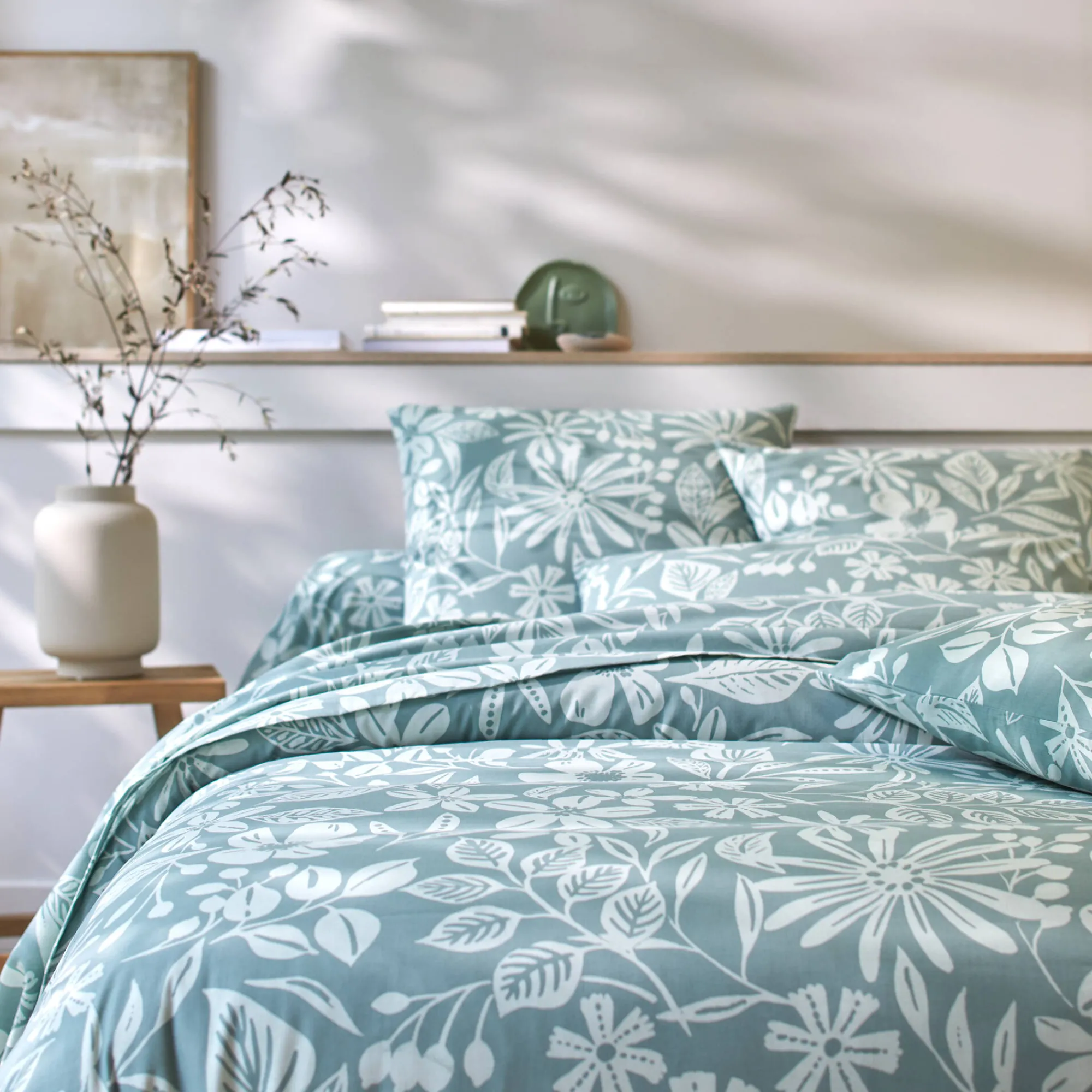 Fantasie Bedlinnen|Vlak Laken<Blancheporte Bedlinnen Céline, in katoen met bloemenprint eucalyptus