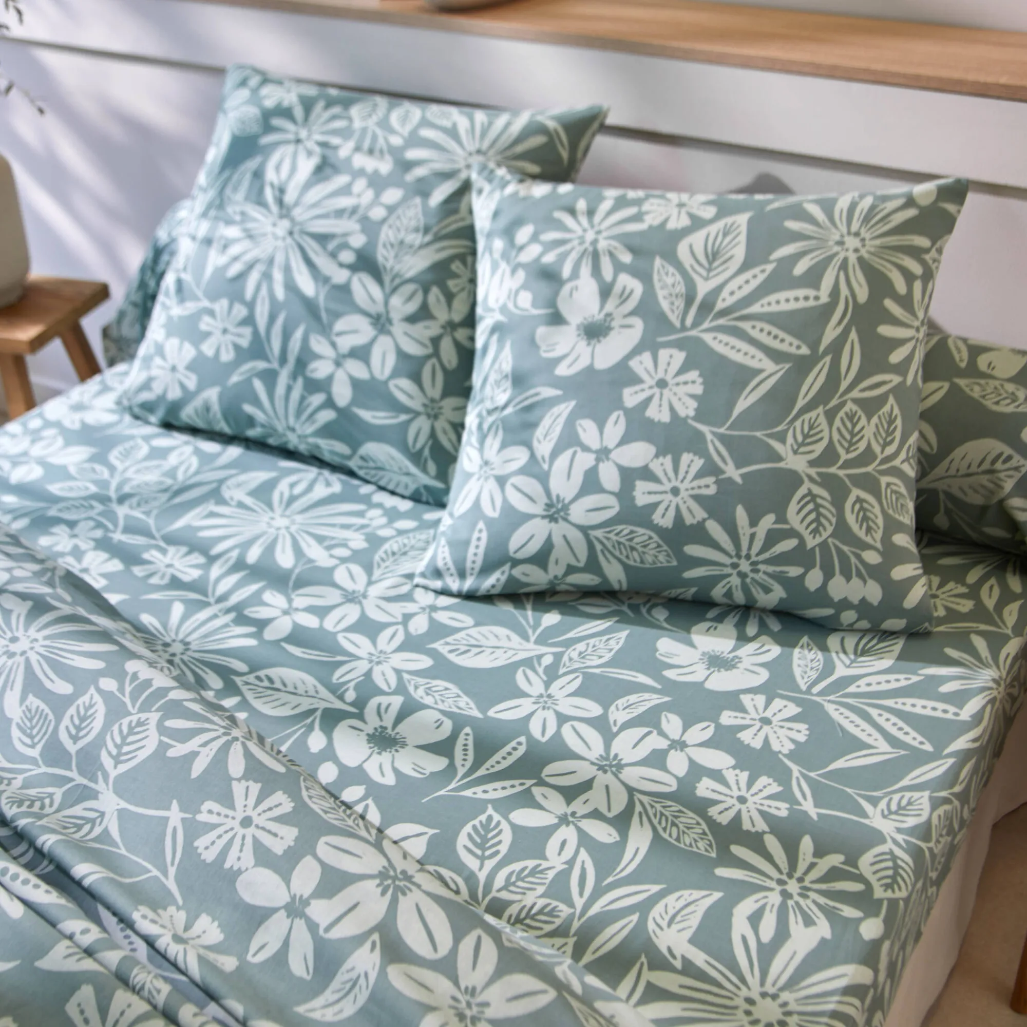 Fantasie Bedlinnen|Vlak Laken<Blancheporte Bedlinnen Céline, in katoen met bloemenprint eucalyptus