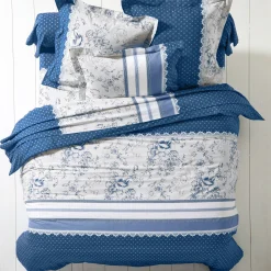 Fantasie Bedlinnen|Vlak Laken<Colombine Bedlinnen Gabrielle in flanel met bloemenprint en kant marineblauw