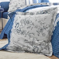 Fantasie Bedlinnen|Vlak Laken<Colombine Bedlinnen Gabrielle in flanel met bloemenprint en kant marineblauw