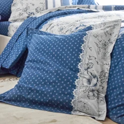 Fantasie Bedlinnen|Vlak Laken<Colombine Bedlinnen Gabrielle in flanel met bloemenprint en kant marineblauw