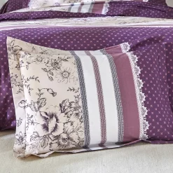 Fantasie Bedlinnen|Vlak Laken<Colombine Bedlinnen Gabrielle in flanel met bloemenprint en kant pruim