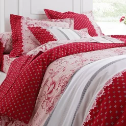 Fantasie Bedlinnen|Vlak Laken<Colombine Bedlinnen Gabrielle in flanel met bloemenprint en kant rood