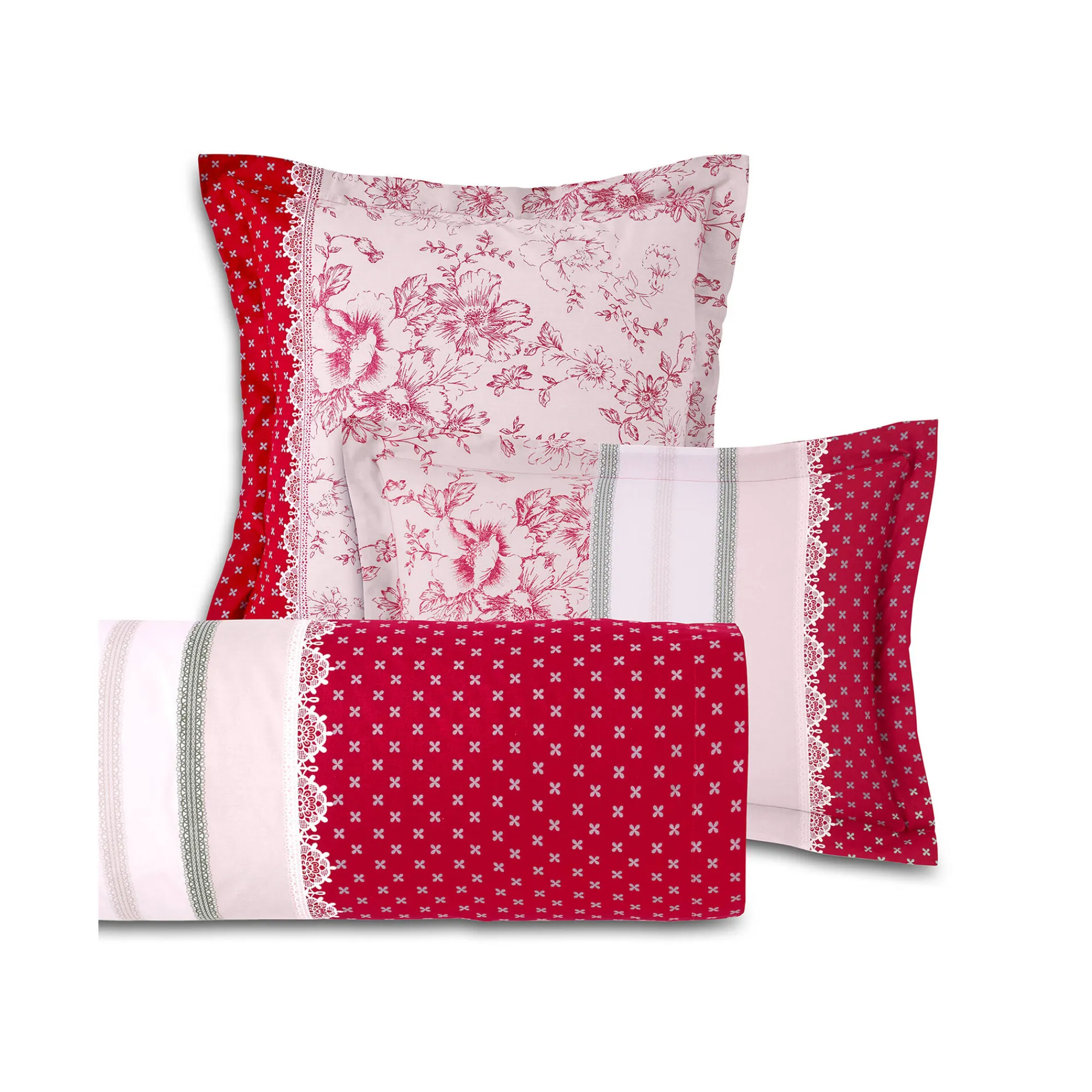 Fantasie Bedlinnen|Vlak Laken<Colombine Bedlinnen Gabrielle in flanel met bloemenprint en kant rood