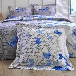 Fantasie Bedlinnen|Vlak Laken<Colombine Bedlinnen in katoen Célestine met bloem- en vlindermotieven blauw / grijs
