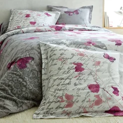 Fantasie Bedlinnen|Vlak Laken<Colombine Bedlinnen in katoen Célestine met bloem- en vlindermotieven grijs / parma
