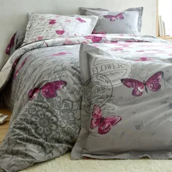 Fantasie Bedlinnen|Vlak Laken<Colombine Bedlinnen in katoen Célestine met bloem- en vlindermotieven grijs / parma