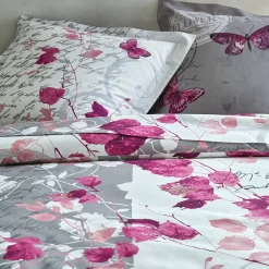 Fantasie Bedlinnen|Vlak Laken<Colombine Bedlinnen in katoen Célestine met bloem- en vlindermotieven grijs / parma