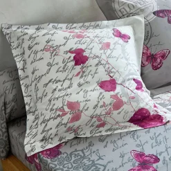 Fantasie Bedlinnen|Vlak Laken<Colombine Bedlinnen in katoen Célestine met bloem- en vlindermotieven grijs / parma