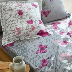 Fantasie Bedlinnen|Vlak Laken<Colombine Bedlinnen in katoen Célestine met bloem- en vlindermotieven grijs / parma