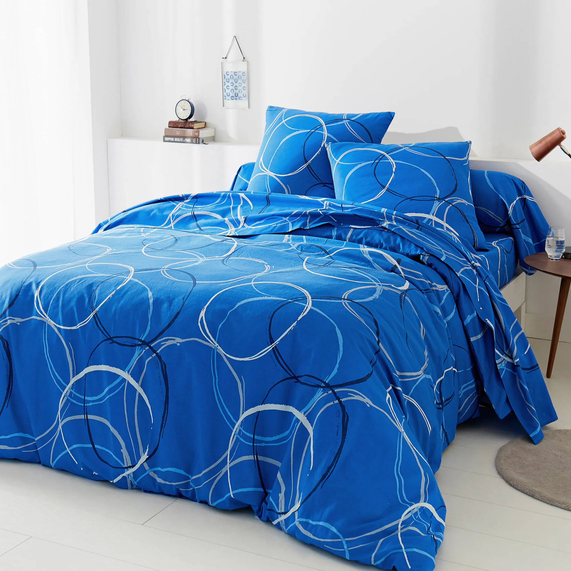 Fantasie Bedlinnen|Vlak Laken<Blancheporte Bedlinnen in polyester-katoen Noémie met cirkelprint blauw