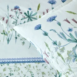 Fantasie Bedlinnen|Vlak Laken<Colombine Bedlinnen Julie in katoen met plantenprint wit / blauw