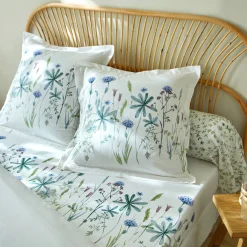 Fantasie Bedlinnen|Vlak Laken<Colombine Bedlinnen Julie in katoen met plantenprint wit / blauw