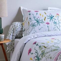 Fantasie Bedlinnen|Vlak Laken<Colombine Bedlinnen Julie in katoen met plantenprint wit / roze