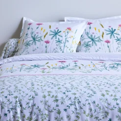 Fantasie Bedlinnen|Vlak Laken<Colombine Bedlinnen Julie in katoen met plantenprint wit / roze