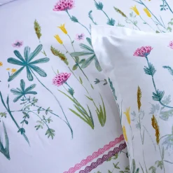 Fantasie Bedlinnen|Vlak Laken<Colombine Bedlinnen Julie in katoen met plantenprint wit / roze