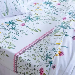 Fantasie Bedlinnen|Vlak Laken<Colombine Bedlinnen Julie in katoen met plantenprint wit / roze