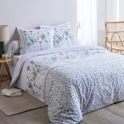 Fantasie Bedlinnen|Vlak Laken<Colombine Bedlinnen Julie in katoen met plantenprint wit / roze