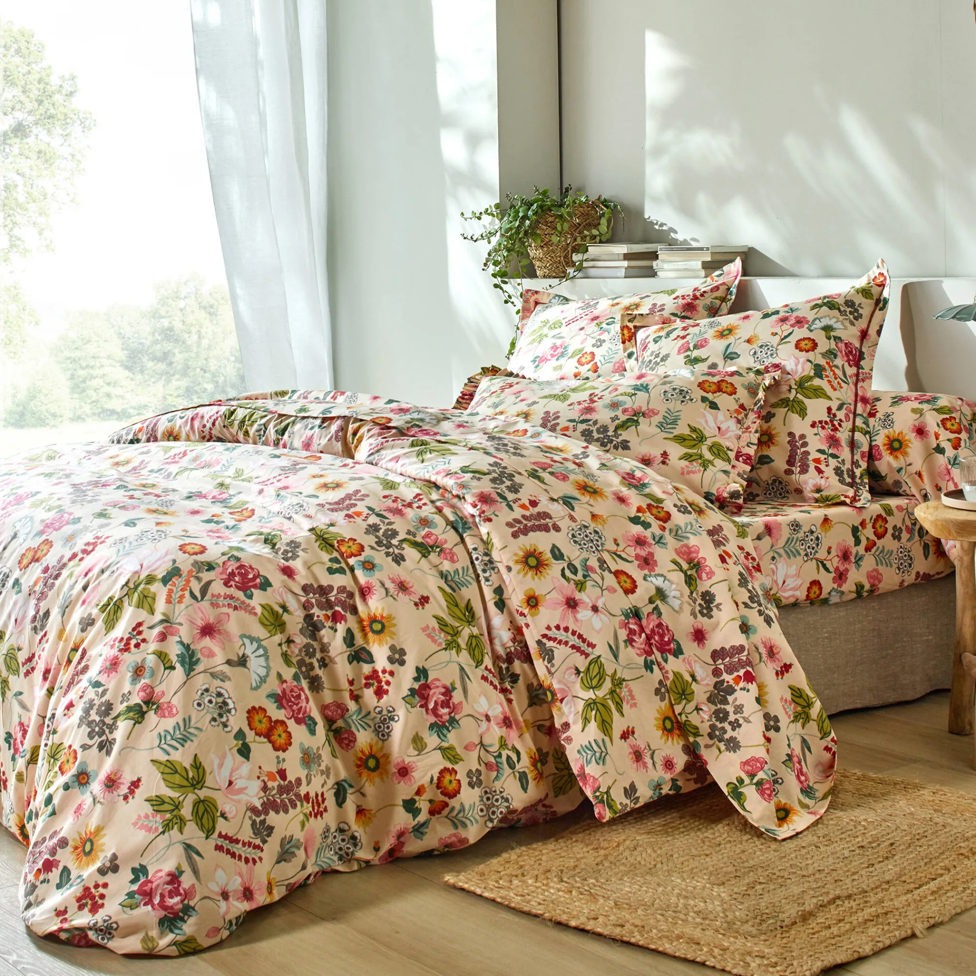 Fantasie Bedlinnen|Vlak Laken<Blancheporte Bedlinnen Kelly in katoen met bloemenprint beige