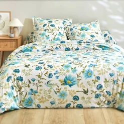 Fantasie Bedlinnen|Vlak Laken<Colombine Bedlinnen Lola met bloemenprint - in katoen blauw / wit