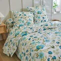 Fantasie Bedlinnen|Vlak Laken<Colombine Bedlinnen Lola met bloemenprint - in katoen blauw / wit