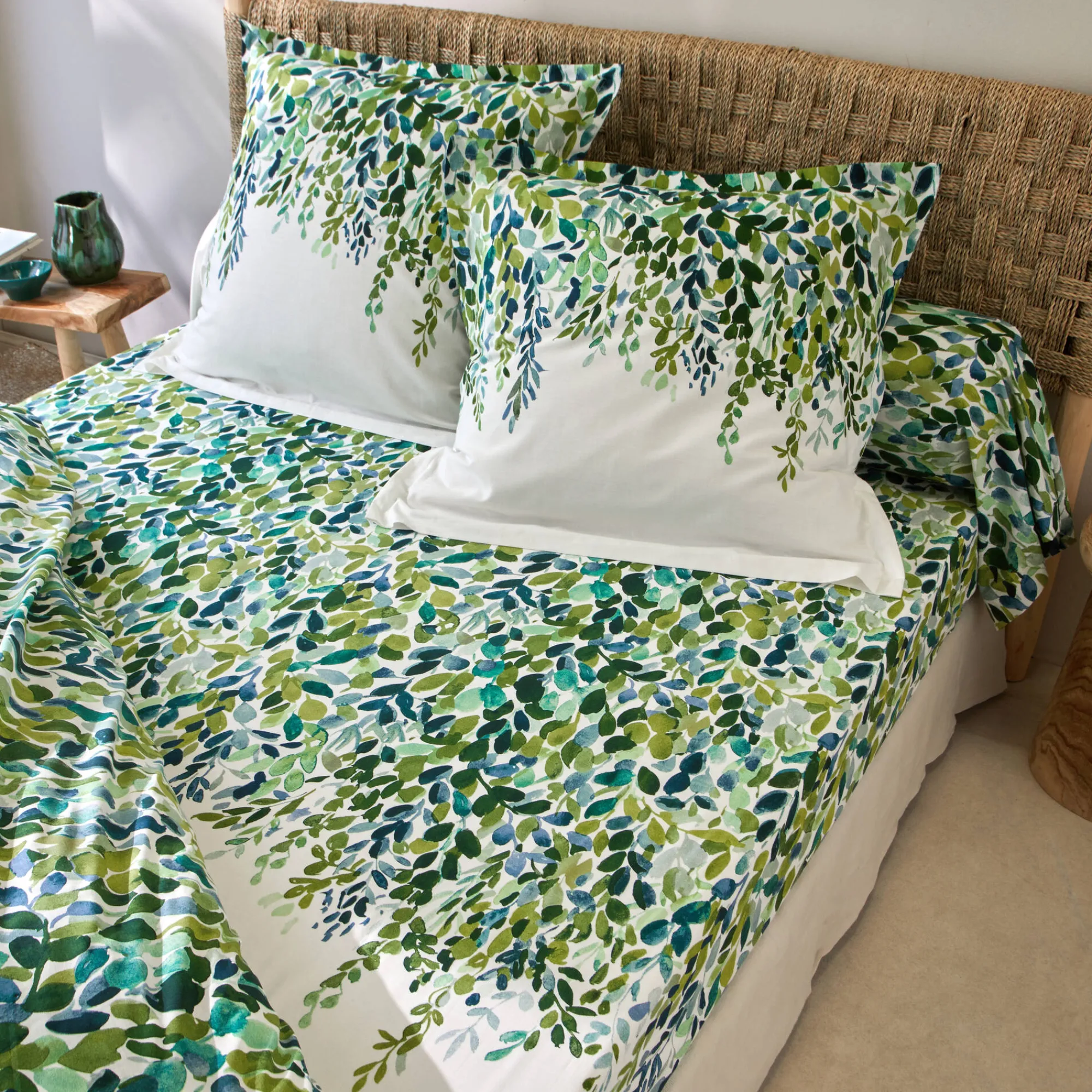 Fantasie Bedlinnen|Vlak Laken<Colombine Bedlinnen Léonie, in katoen met plantenprint ecru