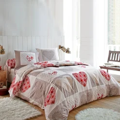 Fantasie Bedlinnen|Vlak Laken<Blancheporte Bedlinnen Lovely in flanel met hartjesprint taupe / rood