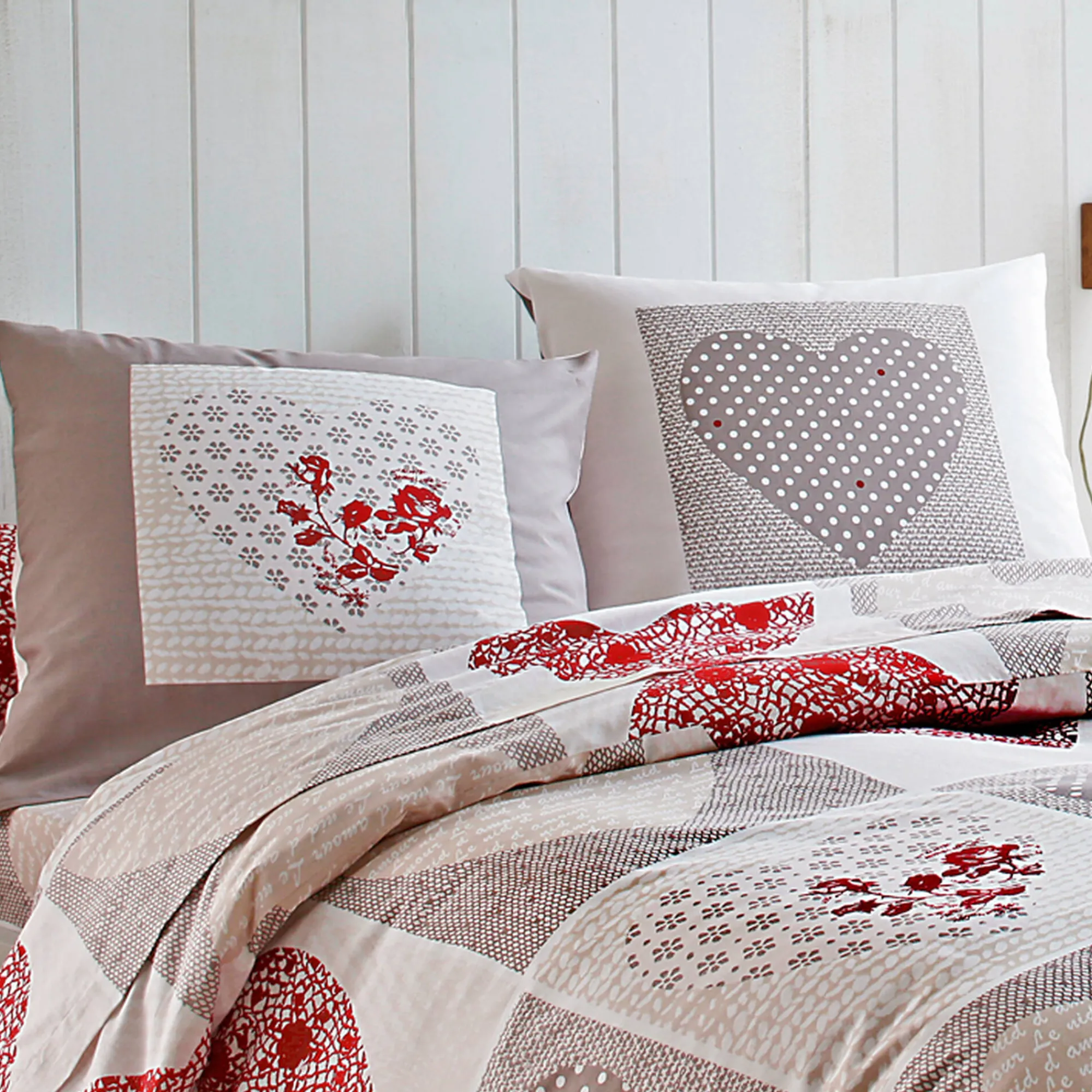 Fantasie Bedlinnen|Vlak Laken<Blancheporte Bedlinnen Lovely in flanel met hartjesprint taupe / rood