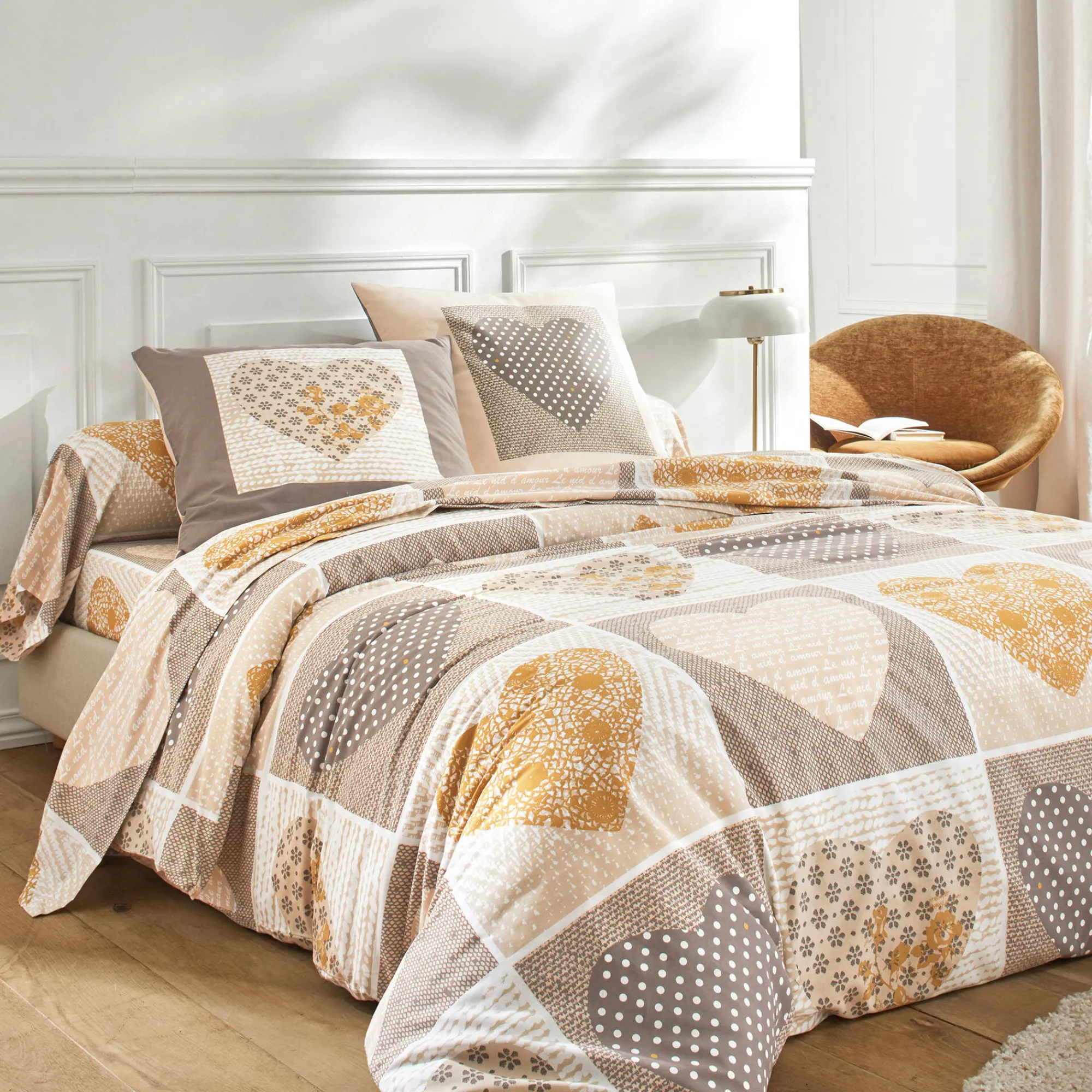 Fantasie Bedlinnen|Vlak Laken<Blancheporte Bedlinnen Lovely in flanel met hartjesprint beige / karamel