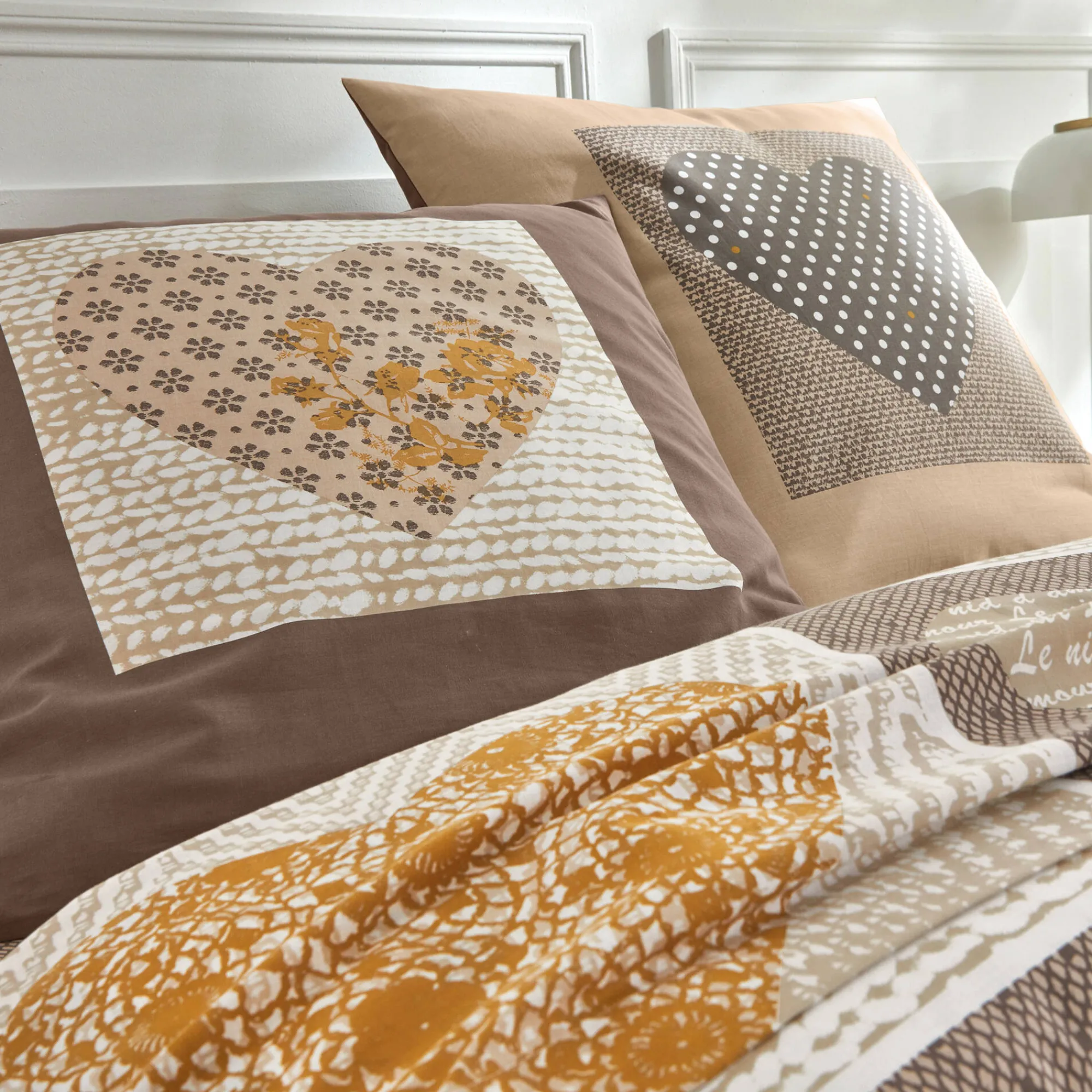 Fantasie Bedlinnen|Vlak Laken<Blancheporte Bedlinnen Lovely in flanel met hartjesprint beige / karamel