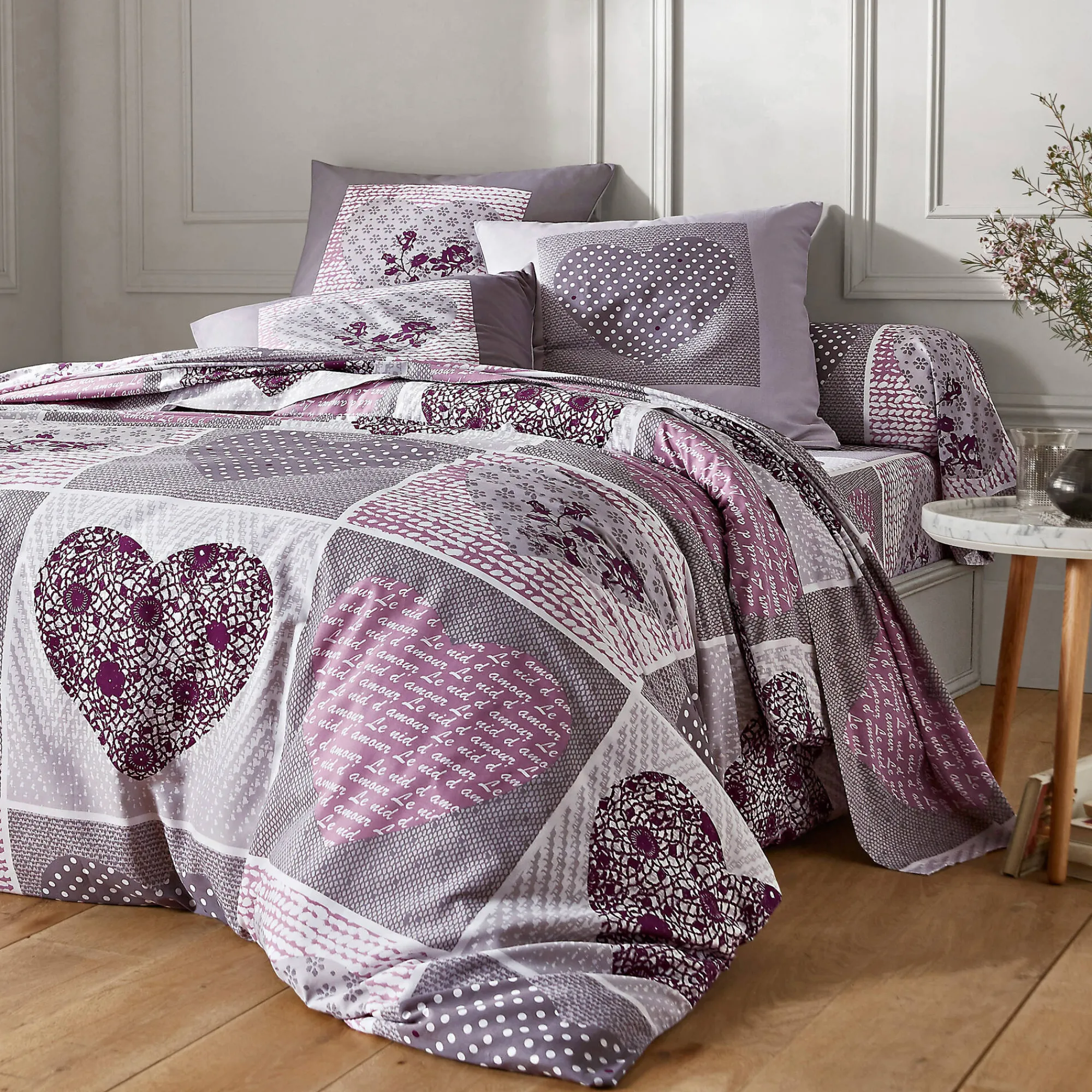 Fantasie Bedlinnen|Vlak Laken<Blancheporte Bedlinnen Lovely in flanel met hartjesprint grijs / parma