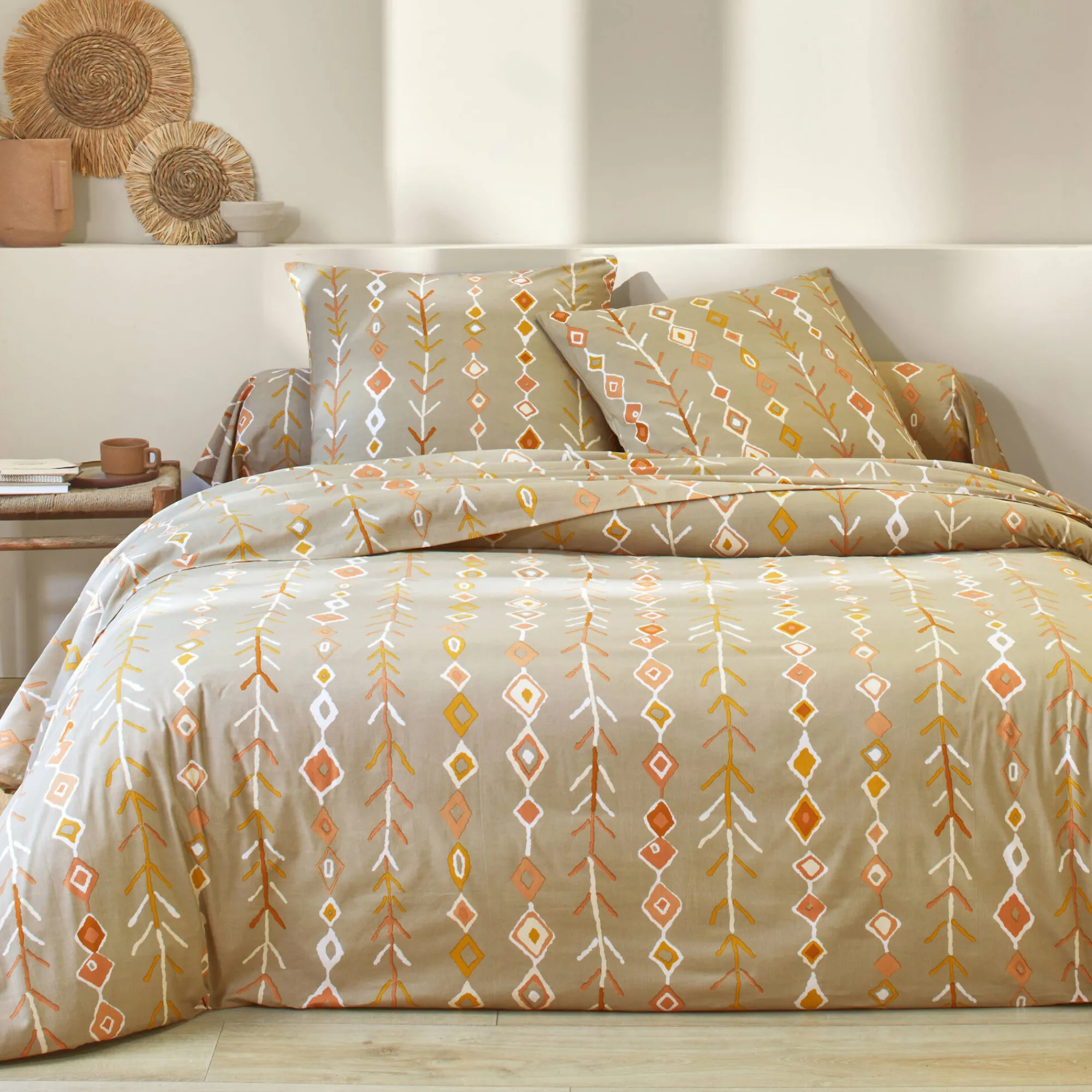 Fantasie Bedlinnen|Vlak Laken<Blancheporte Bedlinnen Mahe in katoen met etnische print beige