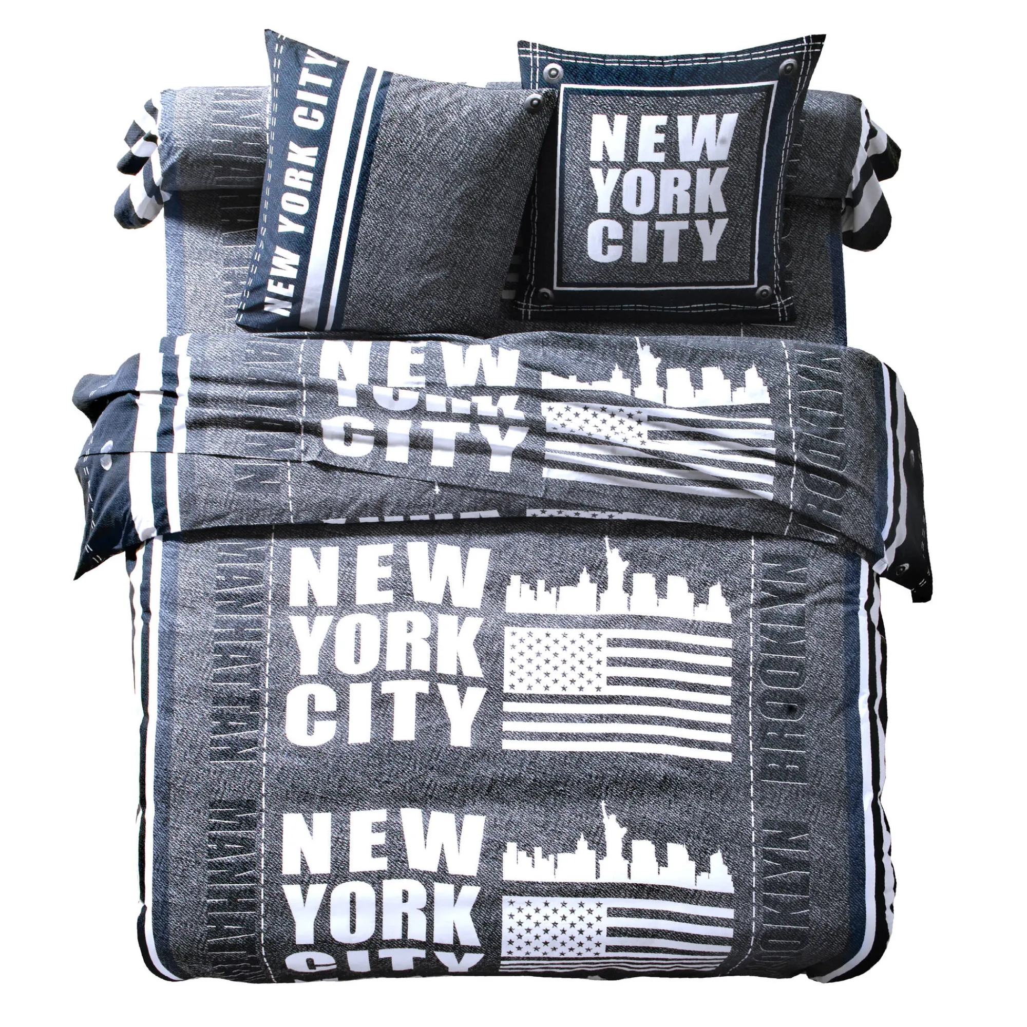 Fantasie Bedlinnen|Vlak Laken<Blancheporte Bedlinnen Manhattan, in bedrukt polykatoen met New York print marineblauw