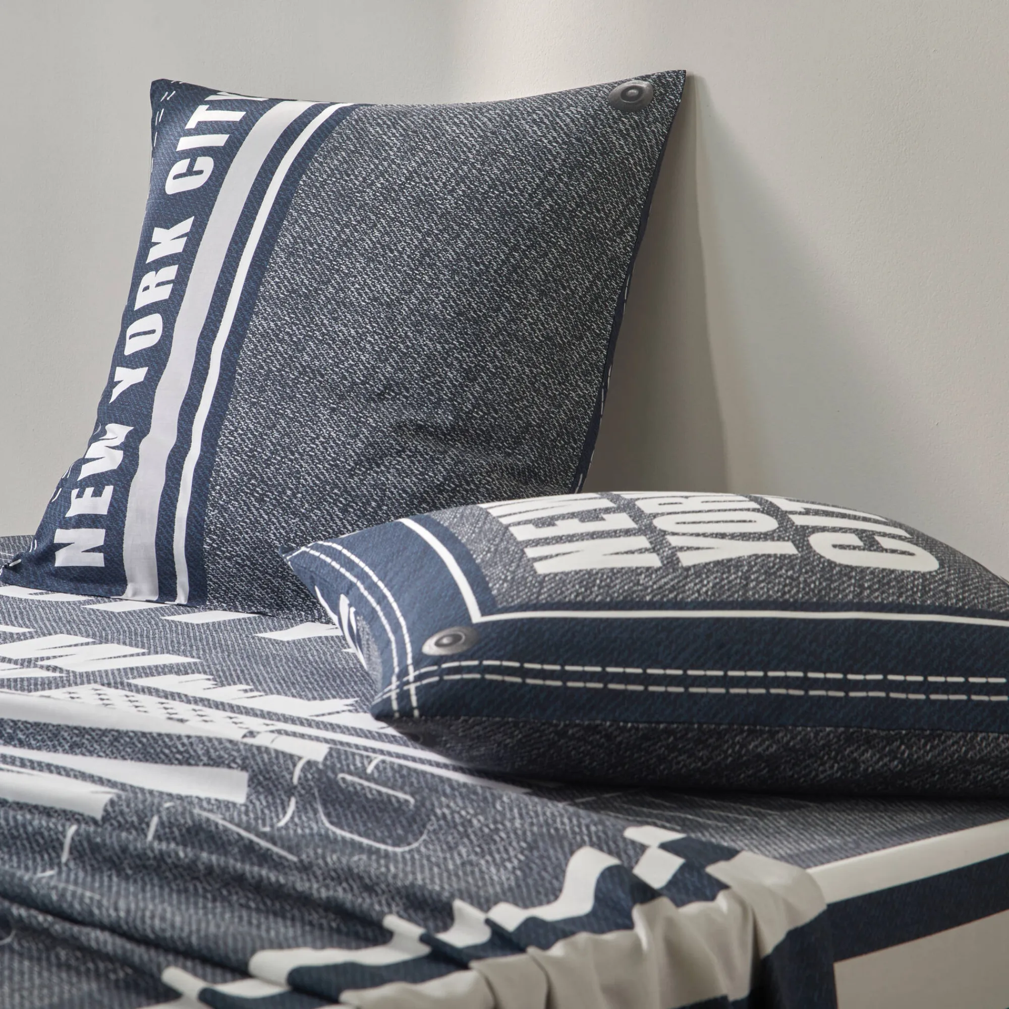 Fantasie Bedlinnen|Vlak Laken<Blancheporte Bedlinnen Manhattan, in bedrukt polykatoen met New York print marineblauw
