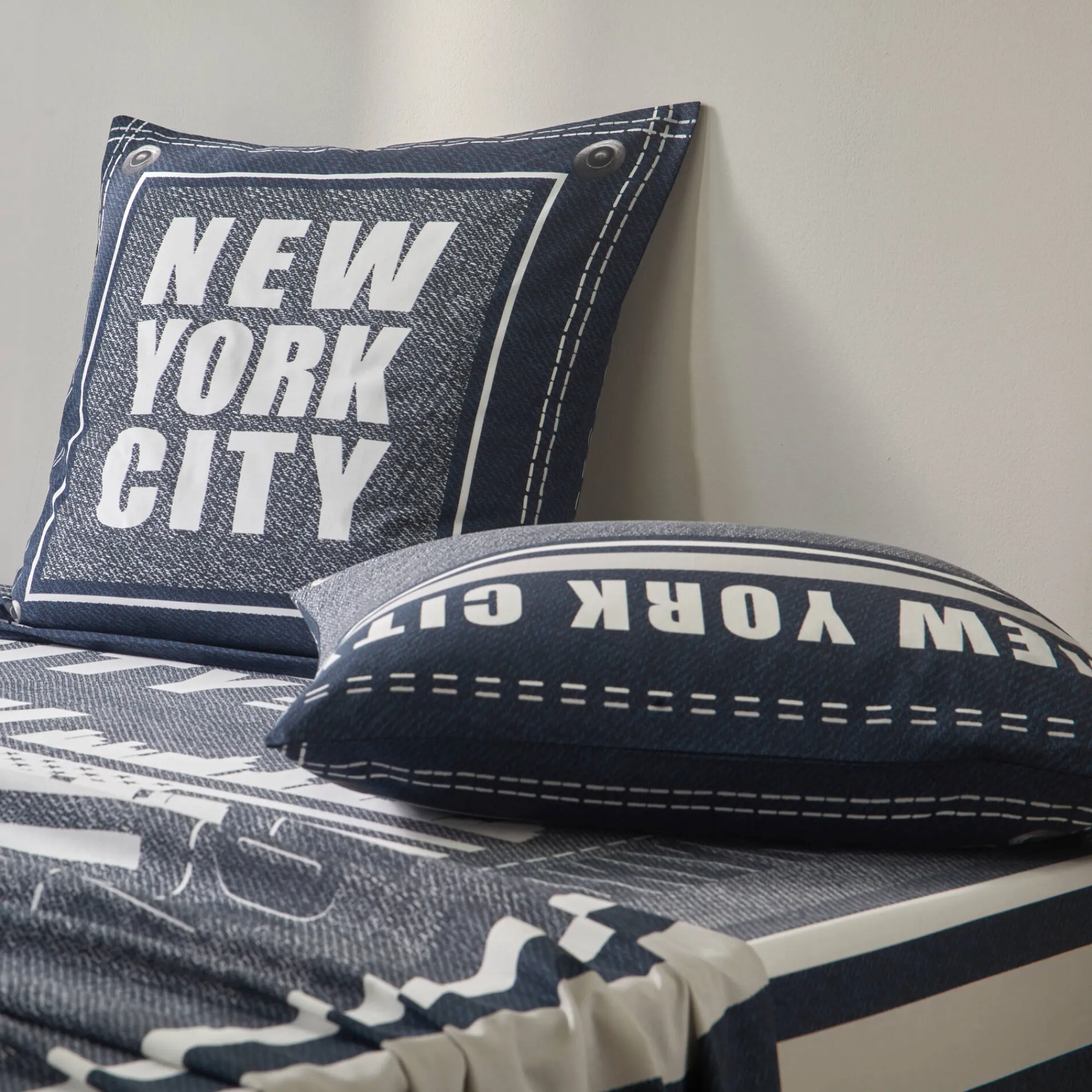 Fantasie Bedlinnen|Vlak Laken<Blancheporte Bedlinnen Manhattan, in bedrukt polykatoen met New York print marineblauw
