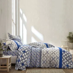 Fantasie Bedlinnen|Vlak Laken<Colombine Bedlinnen Marlow, katoen met geometrische motieven grijs / blauw
