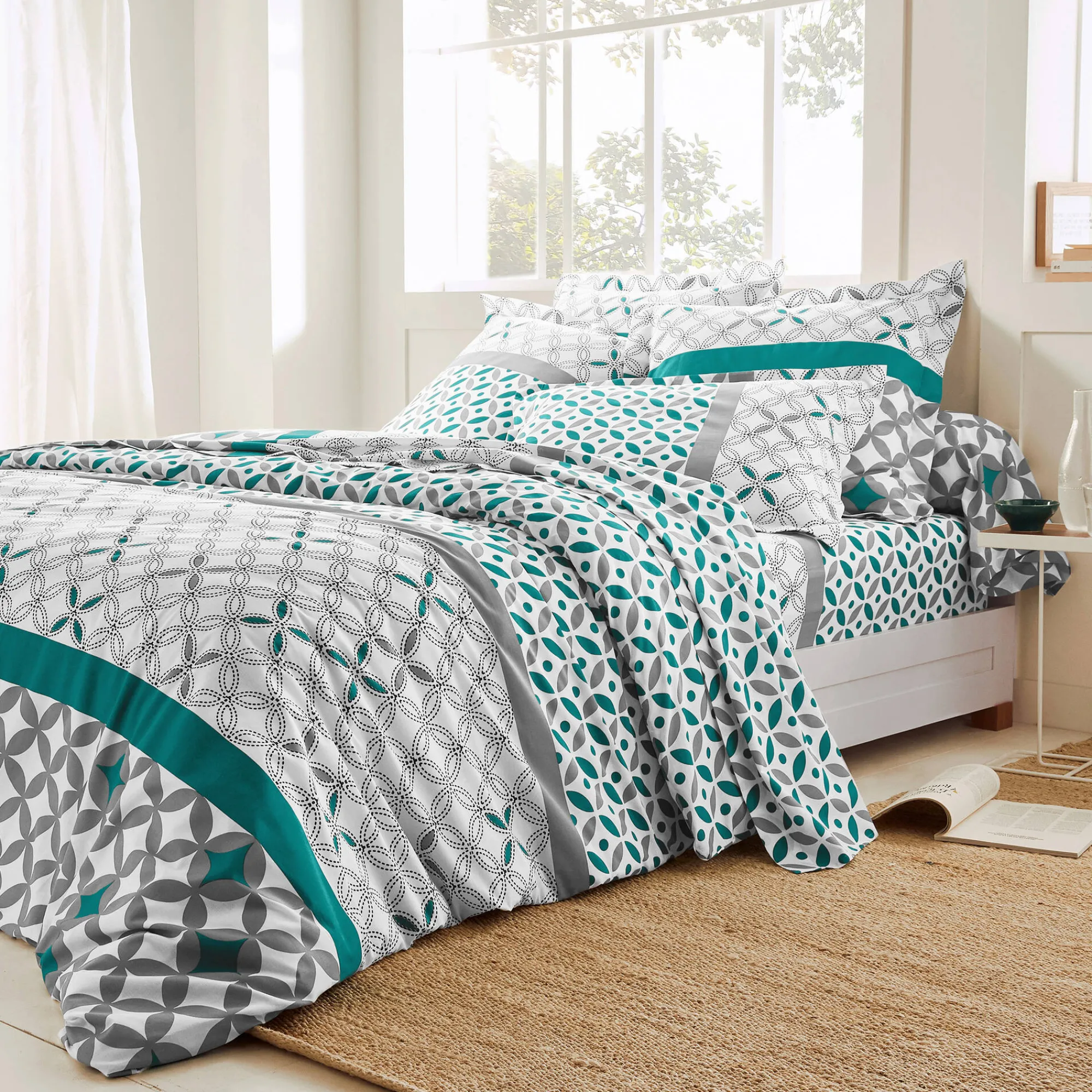 Fantasie Bedlinnen|Vlak Laken<Colombine Bedlinnen Marlow, katoen met geometrische motieven grijs / groen