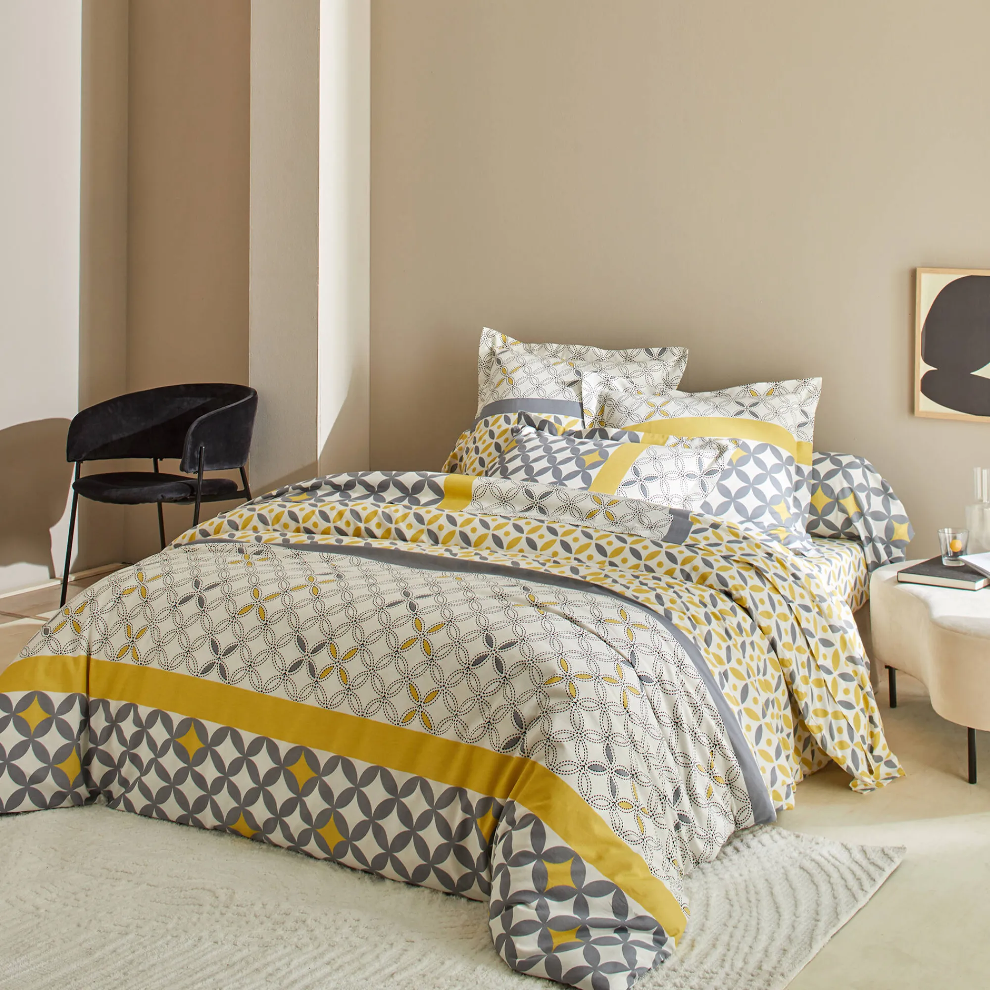Fantasie Bedlinnen|Vlak Laken<Colombine Bedlinnen Marlox in katoen met geometrische motieven grijs / geel