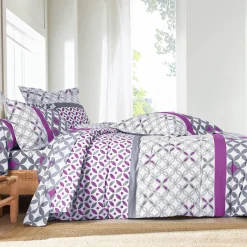 Fantasie Bedlinnen|Vlak Laken<Colombine Bedlinnen Marlox in katoen met geometrische motieven grijs / paars