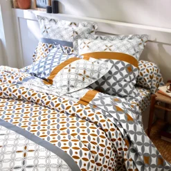 Fantasie Bedlinnen|Vlak Laken<Colombine Bedlinnen Marlox in katoen met geometrische motieven grijs / karamel