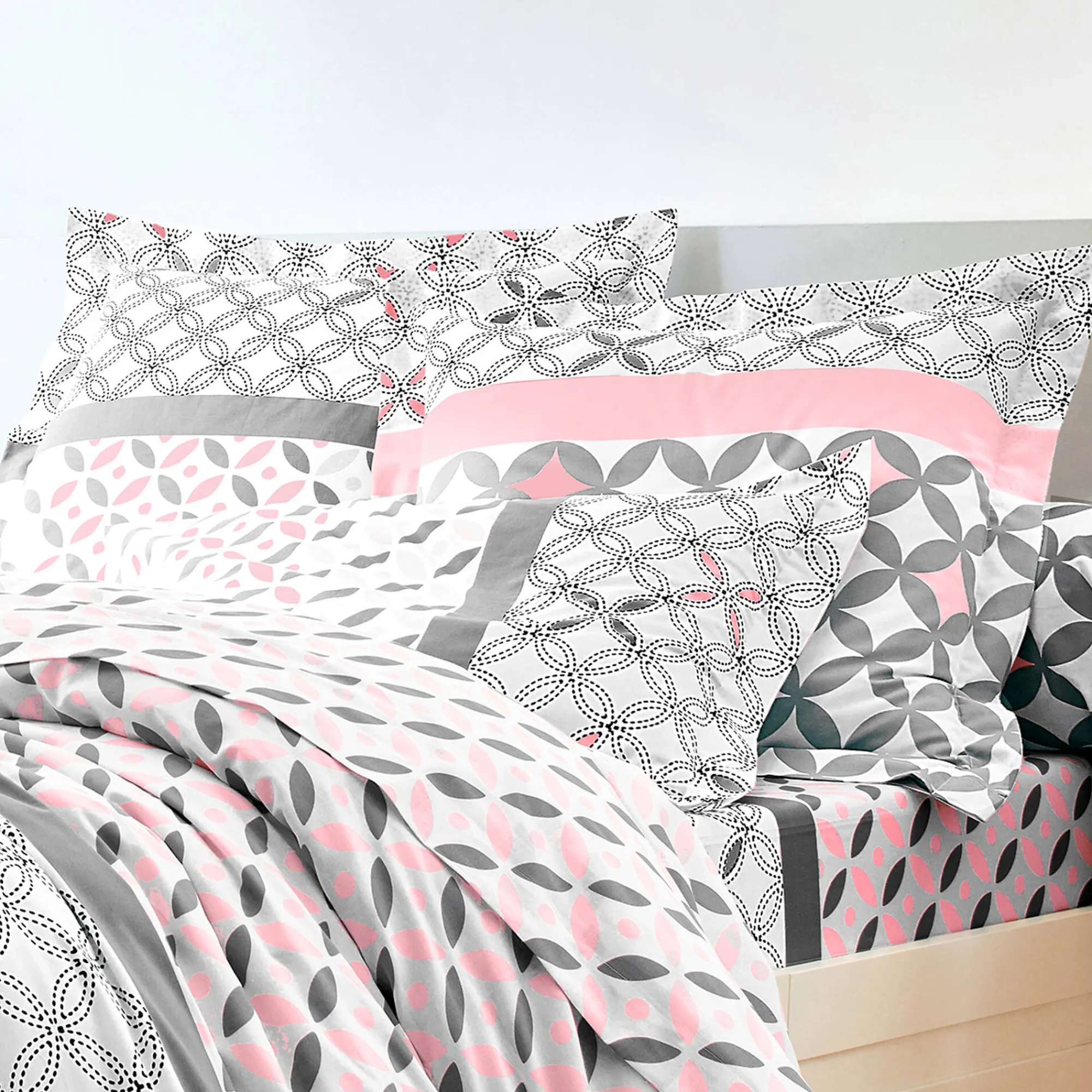Fantasie Bedlinnen|Vlak Laken<Colombine Bedlinnen Marlox in katoen met geometrische motieven grijs / roze