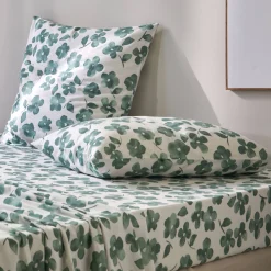 Fantasie Bedlinnen|Vlak Laken<Blancheporte Bedlinnen Petunia in bedrukt katoen amandel groen