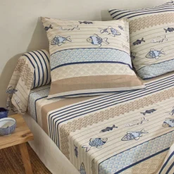 Fantasie Bedlinnen|Vlak Laken<Blancheporte Bedlinnen Riviera in katoen met vissenprint blauw
