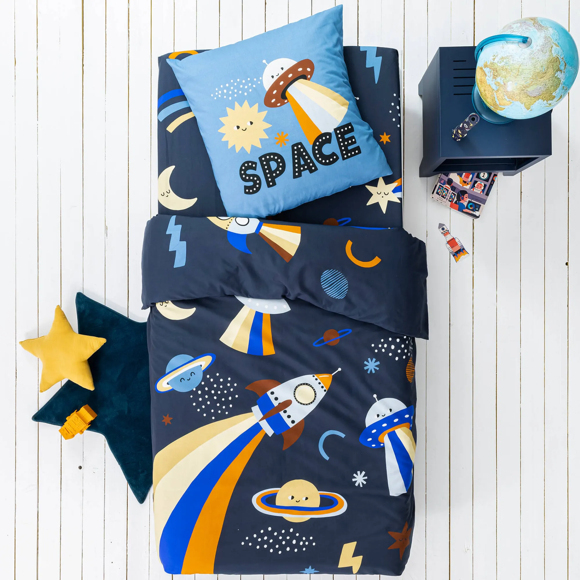 Bedlinnenset Kids|Bedlinnenset Kids<Colombine des petits Bedlinnen voor kids, Galaxy met kattenprint, 1 persoon - katoen marine