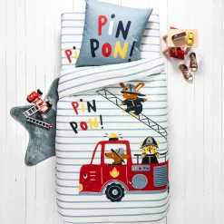 Bedlinnenset Kids|Bedlinnenset Kids<Colombine des petits Bedlinnen voor kinderen met brandweermotieven, in katoen hemelsblauw